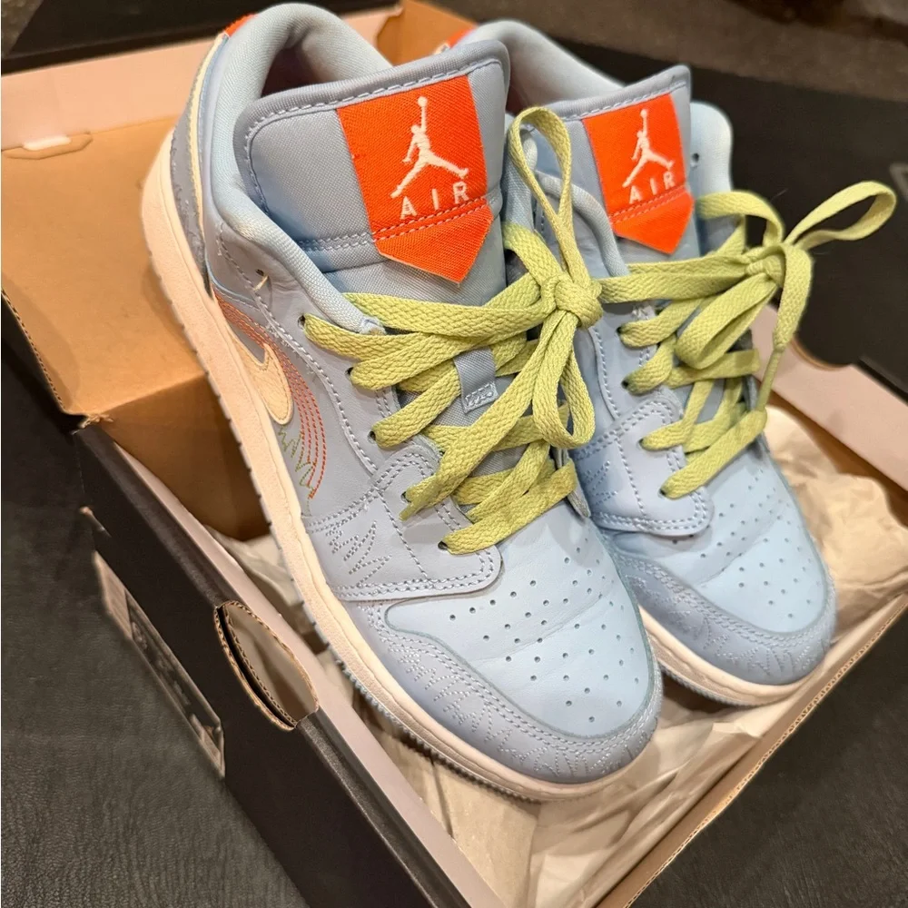 Nike Air Jordan woman's ' Light Blue Low-Top Sneakers with Lime Laces